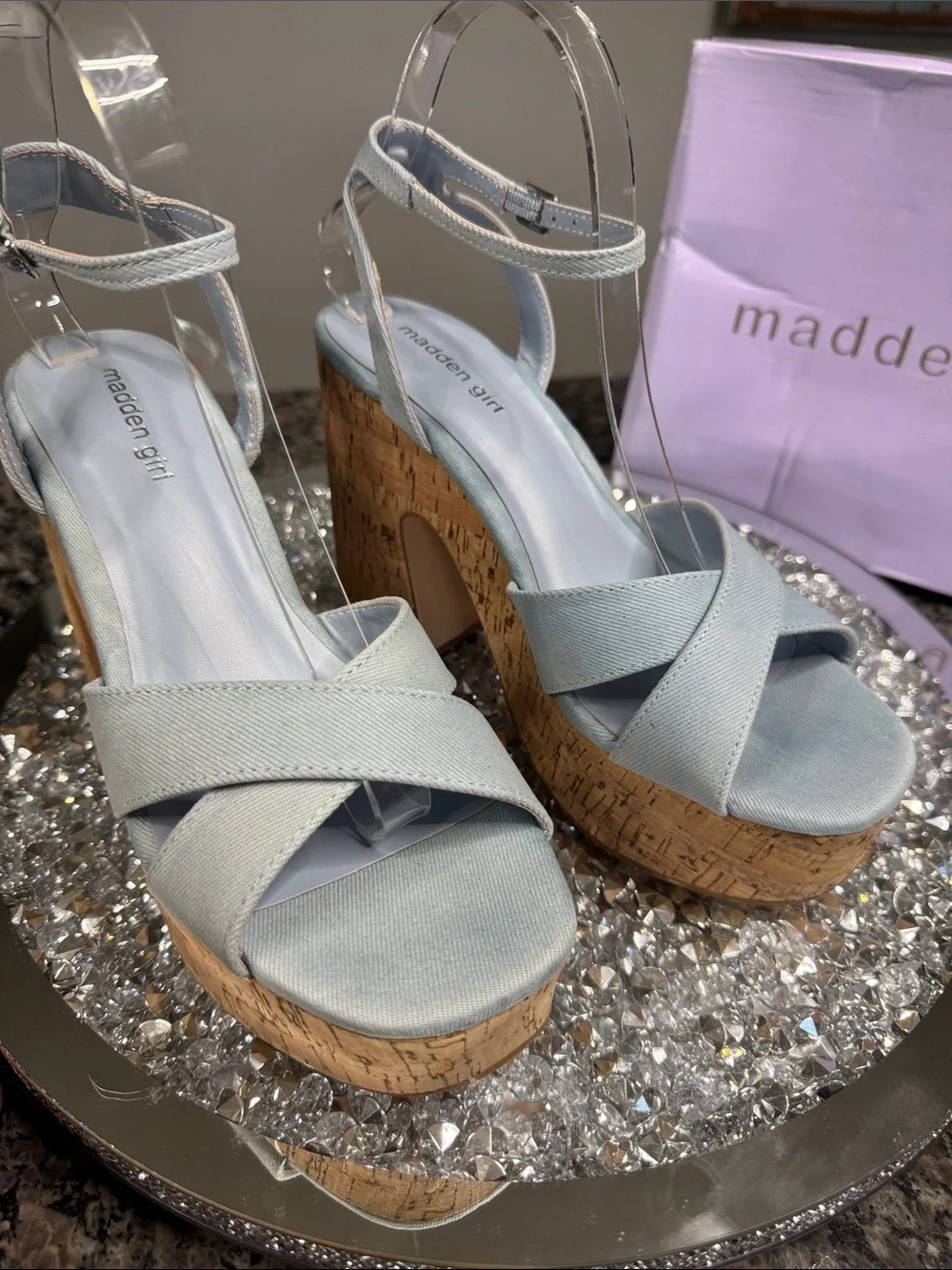 Madden Girl RIIO denim Pale Blue Cork Platform Heels NEW 8.5